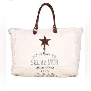 Myra Smashing Sel de Mer white weekender canvas tote with leather handles